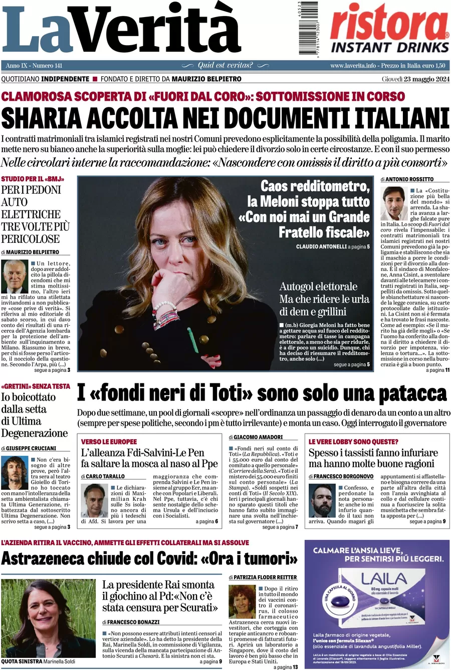 anteprima della prima pagina di la-verit del 23/05/2024