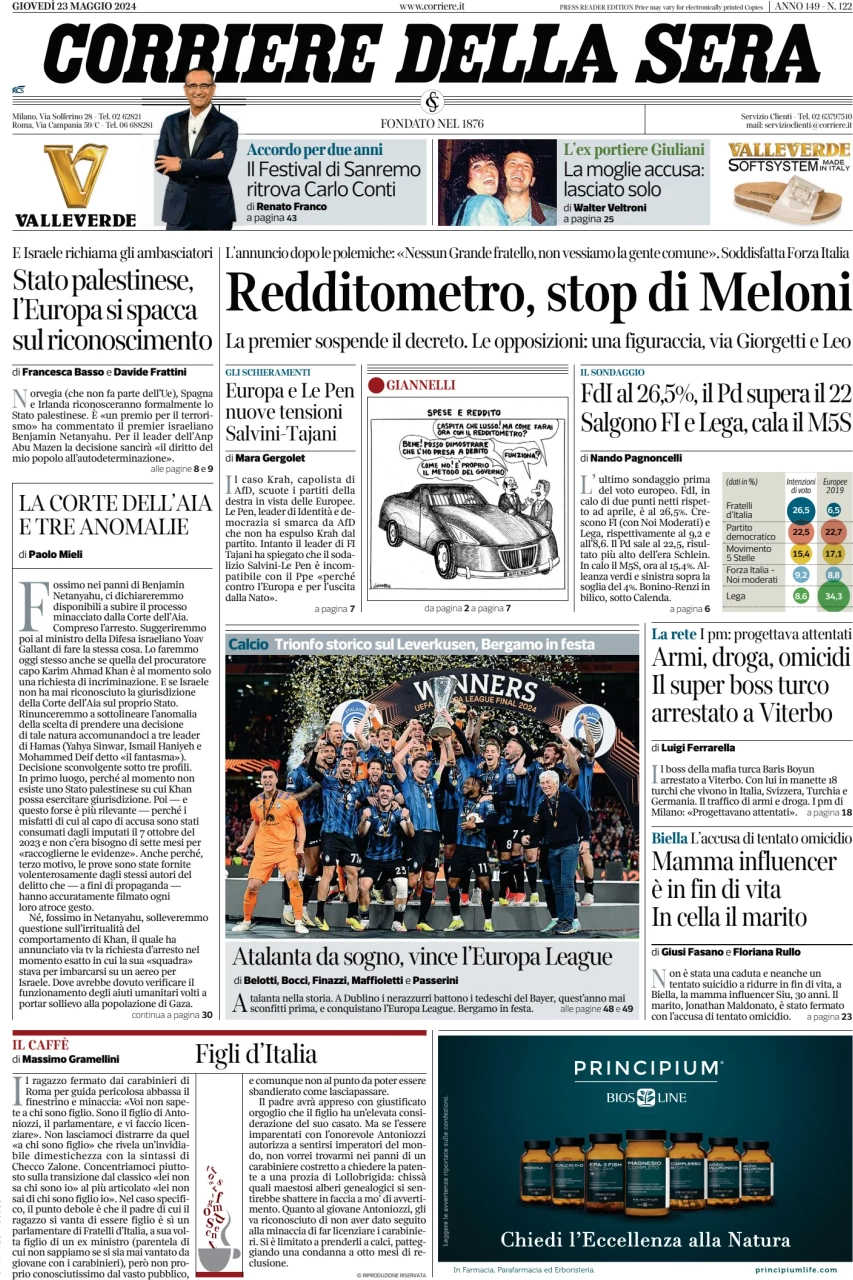 anteprima della prima pagina di corriere-della-sera del 23/05/2024