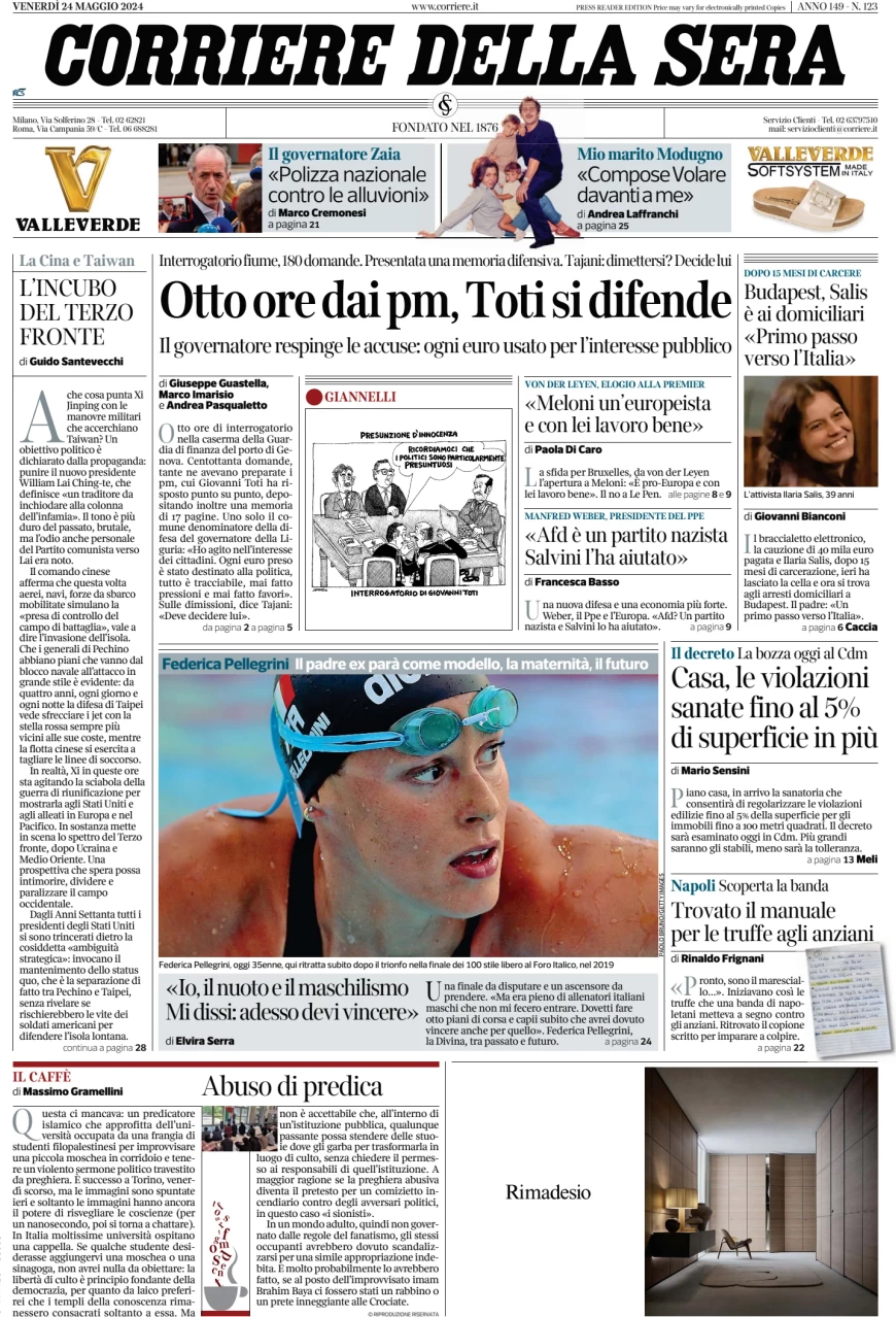 anteprima della prima pagina di corriere-della-sera del 24/05/2024