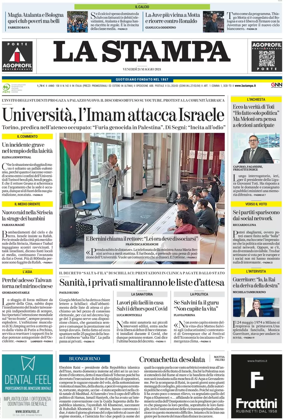 anteprima della prima pagina di la-stampa del 24/05/2024