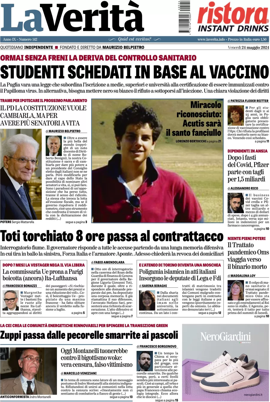 anteprima della prima pagina di la-verit del 24/05/2024