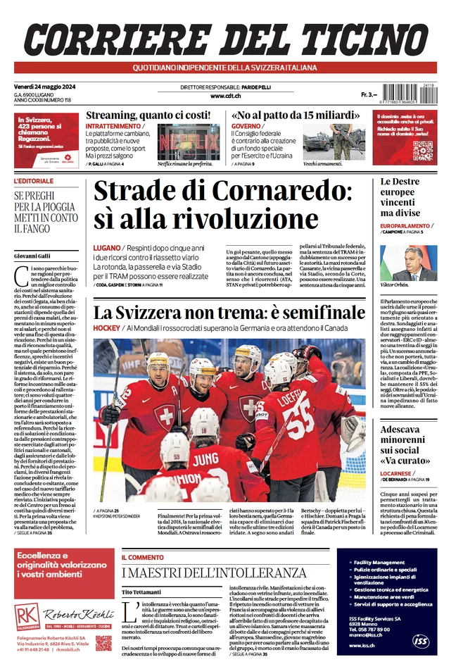 anteprima della prima pagina di corriere-del-ticino del 24/05/2024