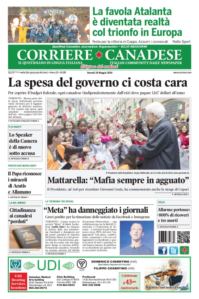 anteprima della prima pagina di corriere-canadese del 24/05/2024