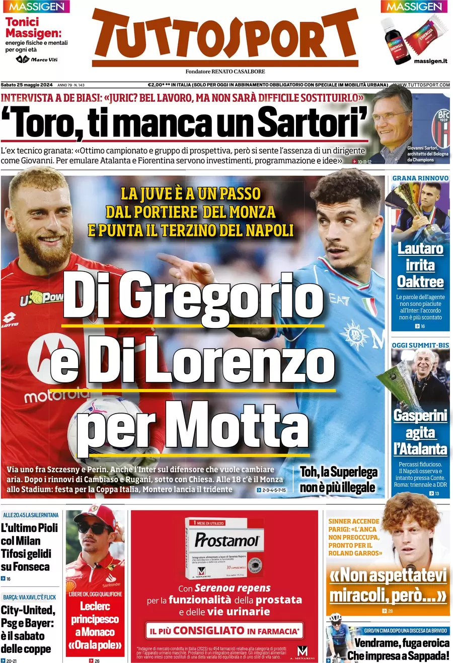 anteprima della prima pagina di tuttosport del 25/05/2024