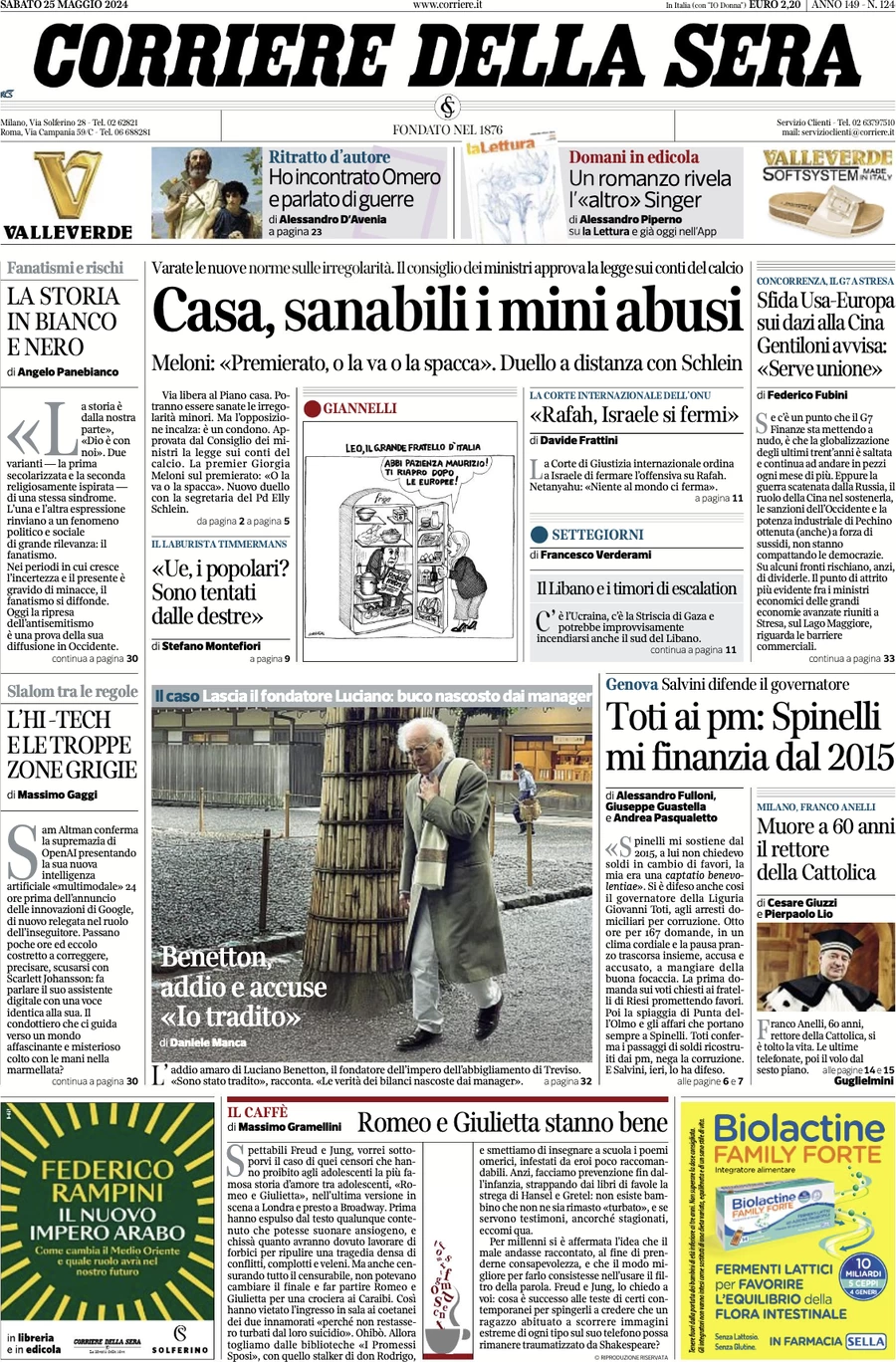 anteprima della prima pagina di corriere-della-sera del 25/05/2024