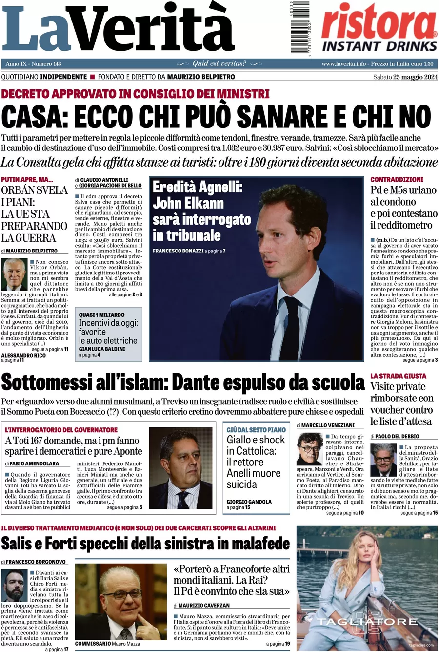 anteprima della prima pagina di la-verit del 25/05/2024