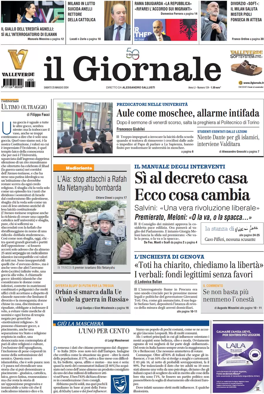 anteprima della prima pagina di il-giornale del 25/05/2024