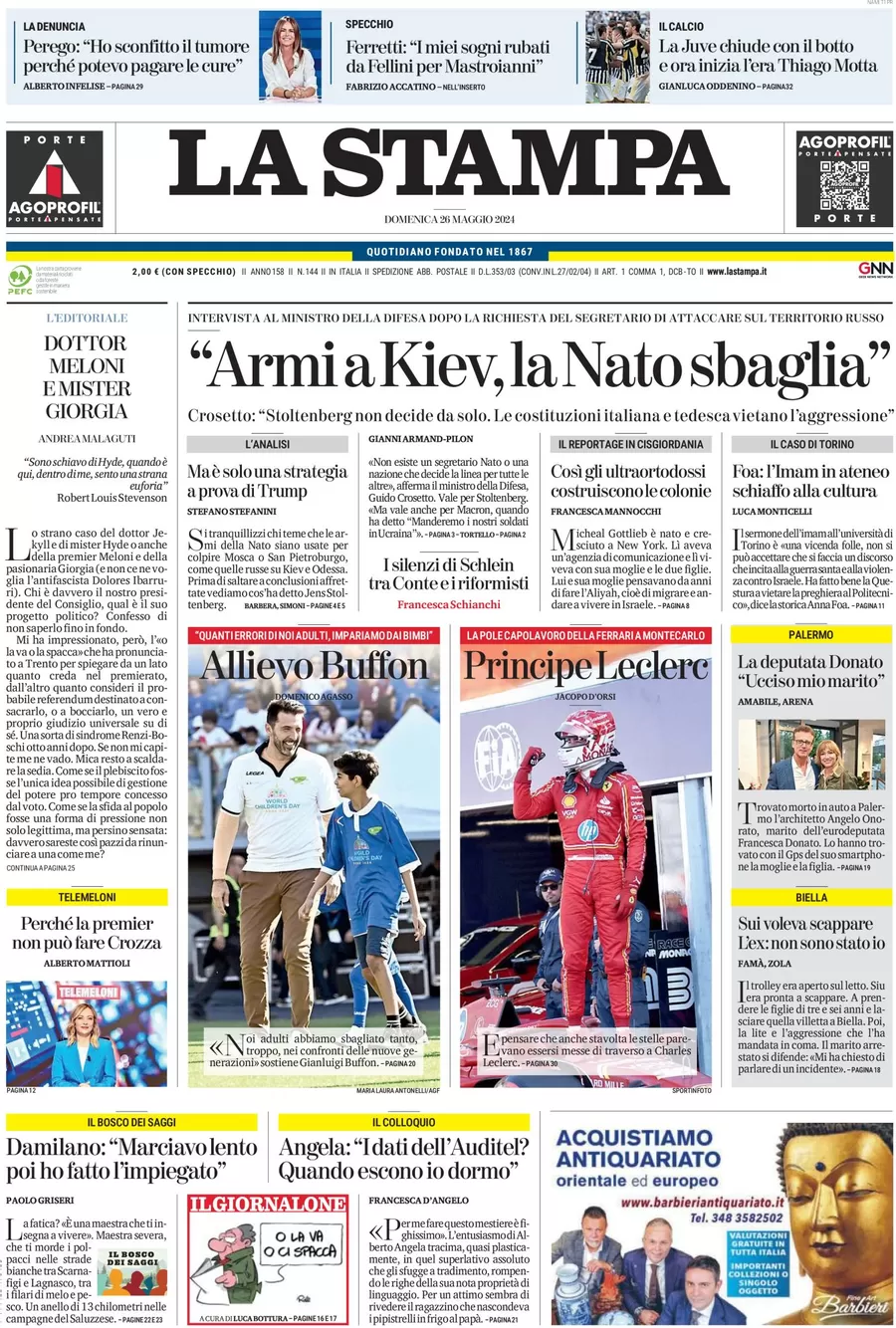 anteprima della prima pagina di la-stampa del 26/05/2024
