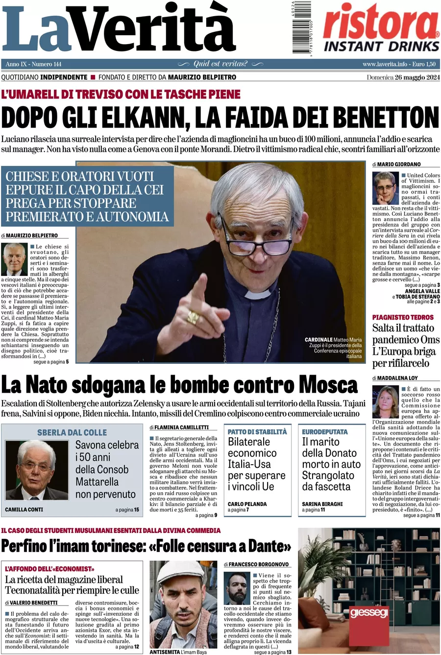 anteprima della prima pagina di la-verit del 26/05/2024