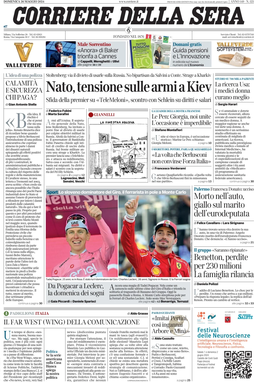 anteprima della prima pagina di corriere-della-sera del 26/05/2024
