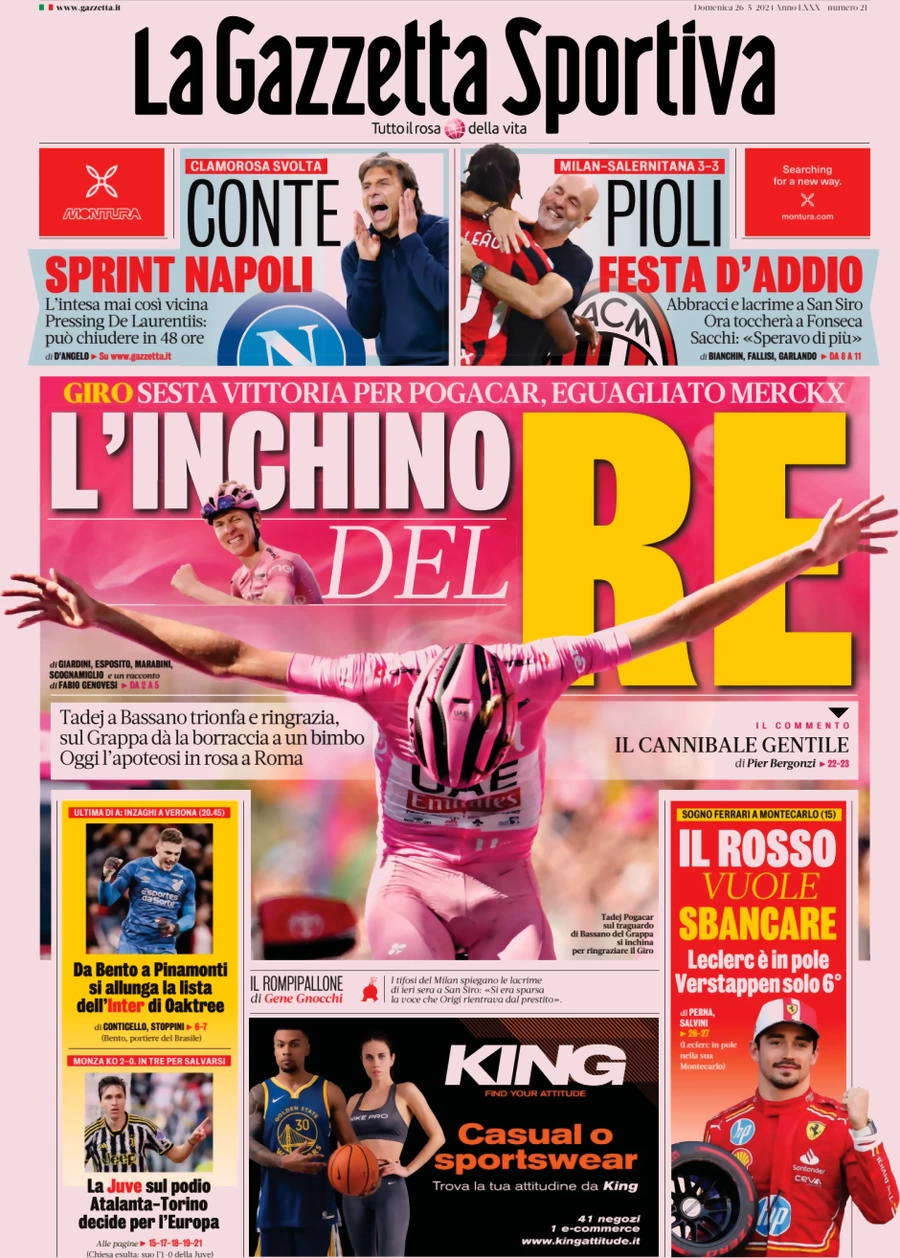 anteprima della prima pagina di la-gazzetta-dello-sport del 26/05/2024
