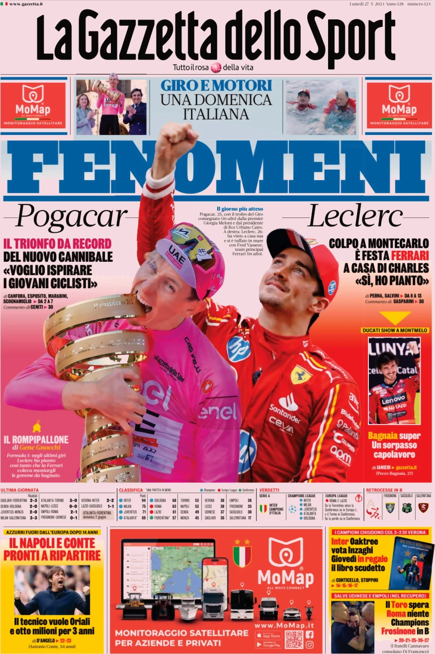 anteprima della prima pagina di la-gazzetta-dello-sport del 27/05/2024