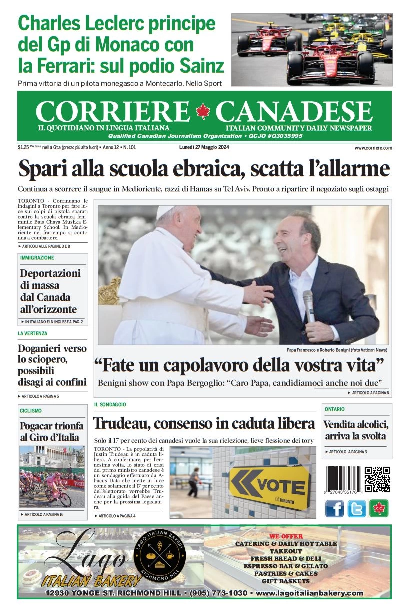 anteprima della prima pagina di corriere-canadese del 27/05/2024