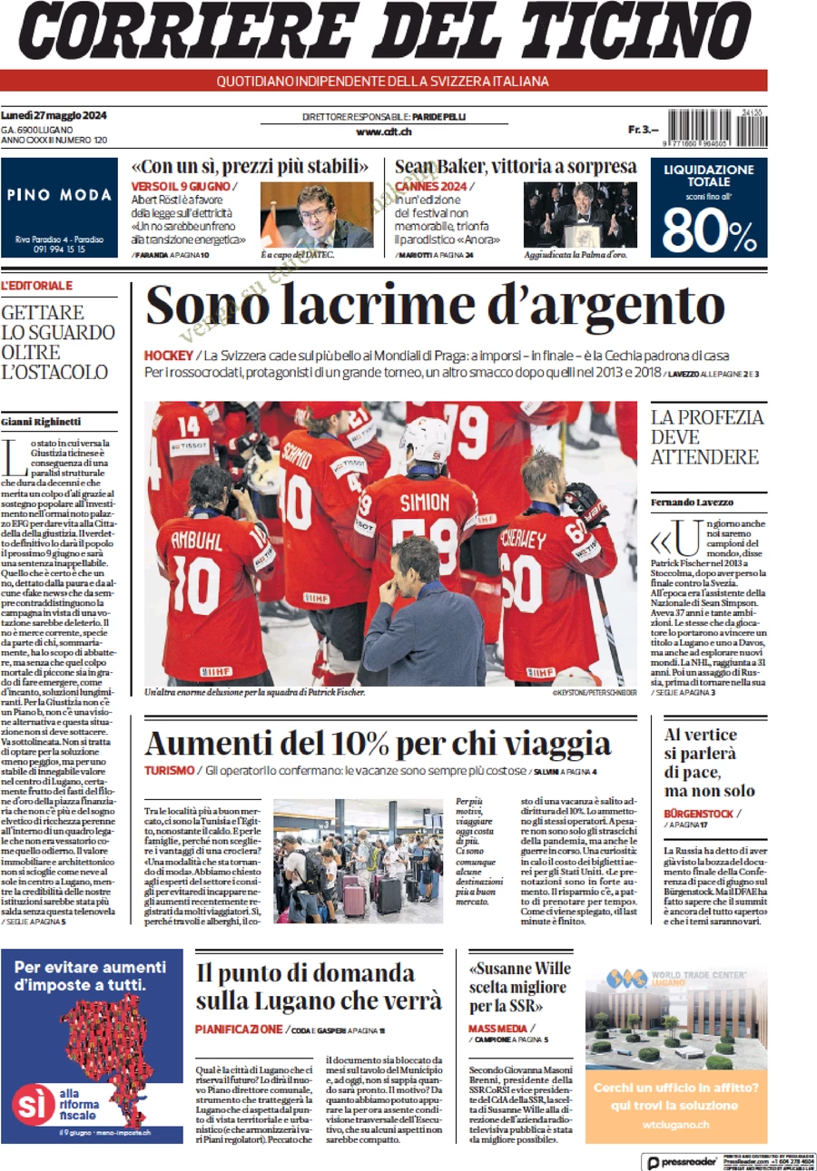 anteprima della prima pagina di corriere-del-ticino del 27/05/2024