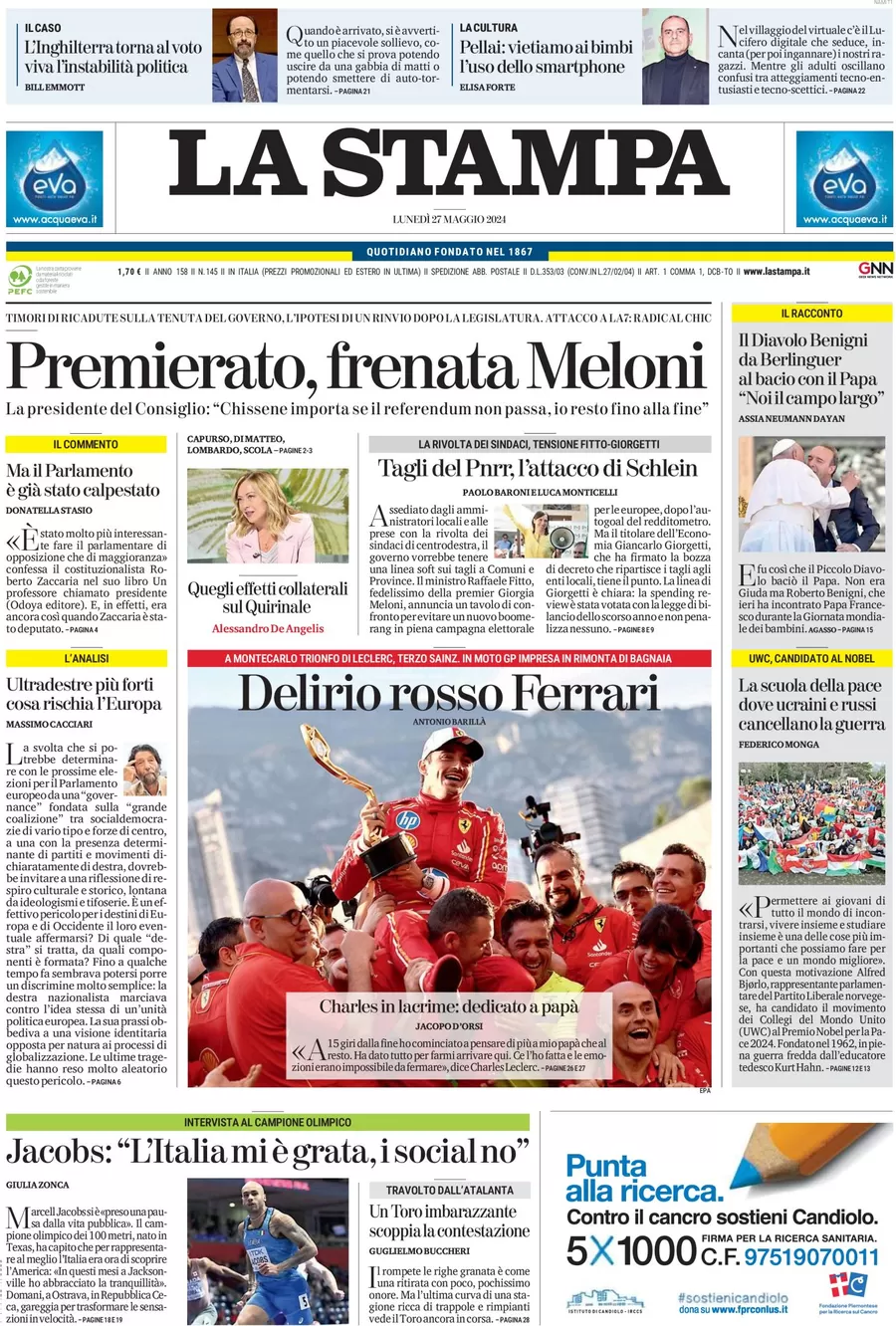 anteprima della prima pagina di la-stampa del 27/05/2024