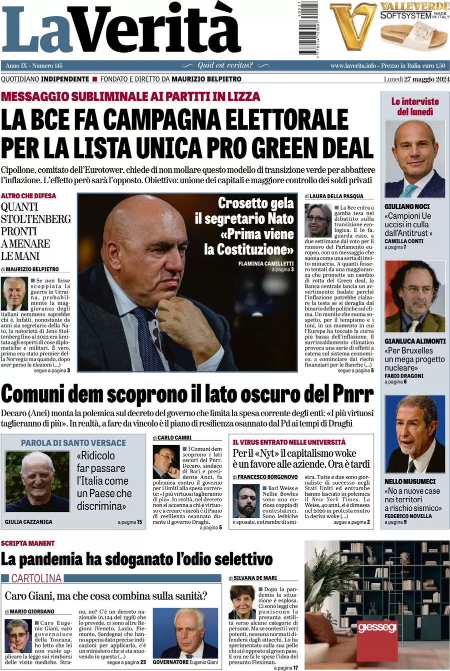 anteprima della prima pagina di la-verit del 27/05/2024