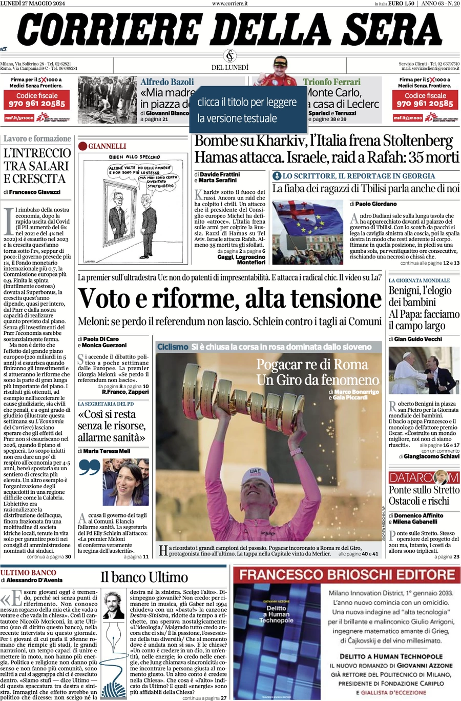 anteprima della prima pagina di corriere-della-sera del 27/05/2024