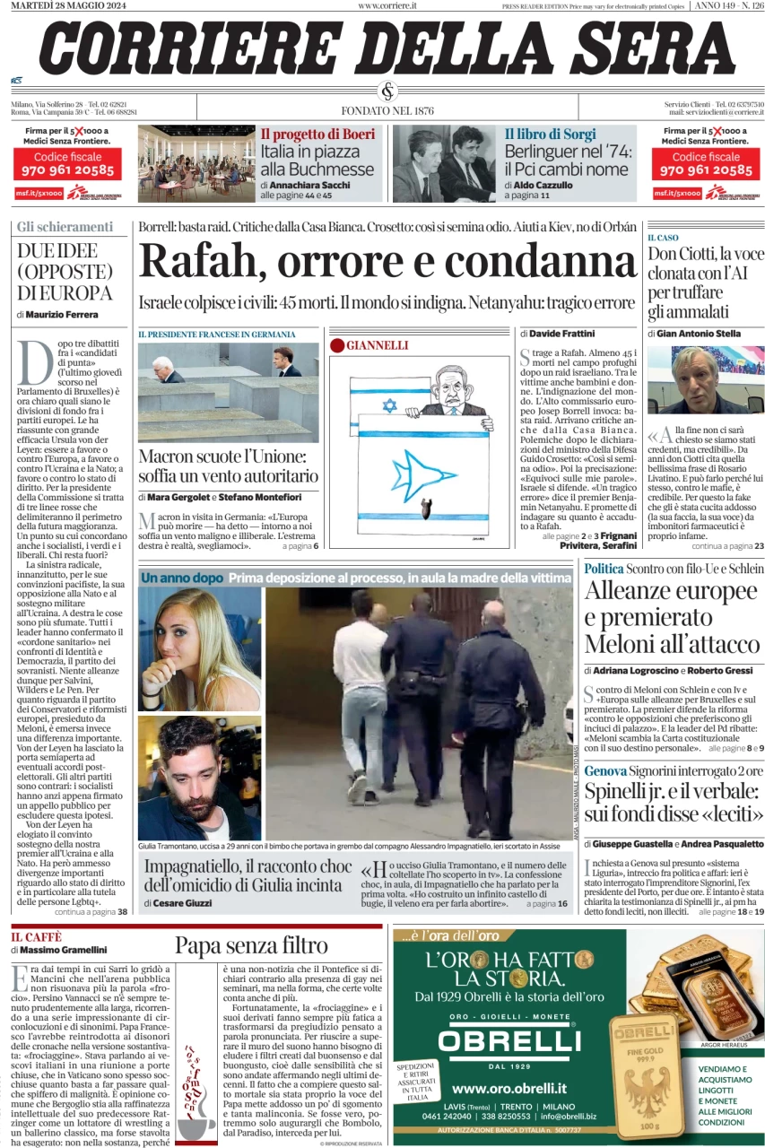 anteprima della prima pagina di corriere-della-sera del 28/05/2024