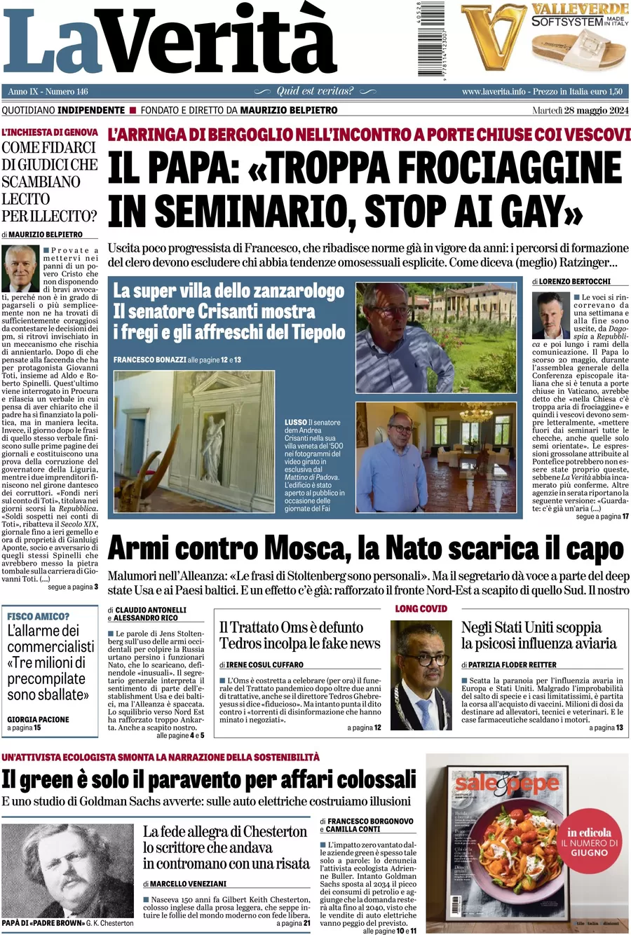 anteprima della prima pagina di la-verit del 28/05/2024