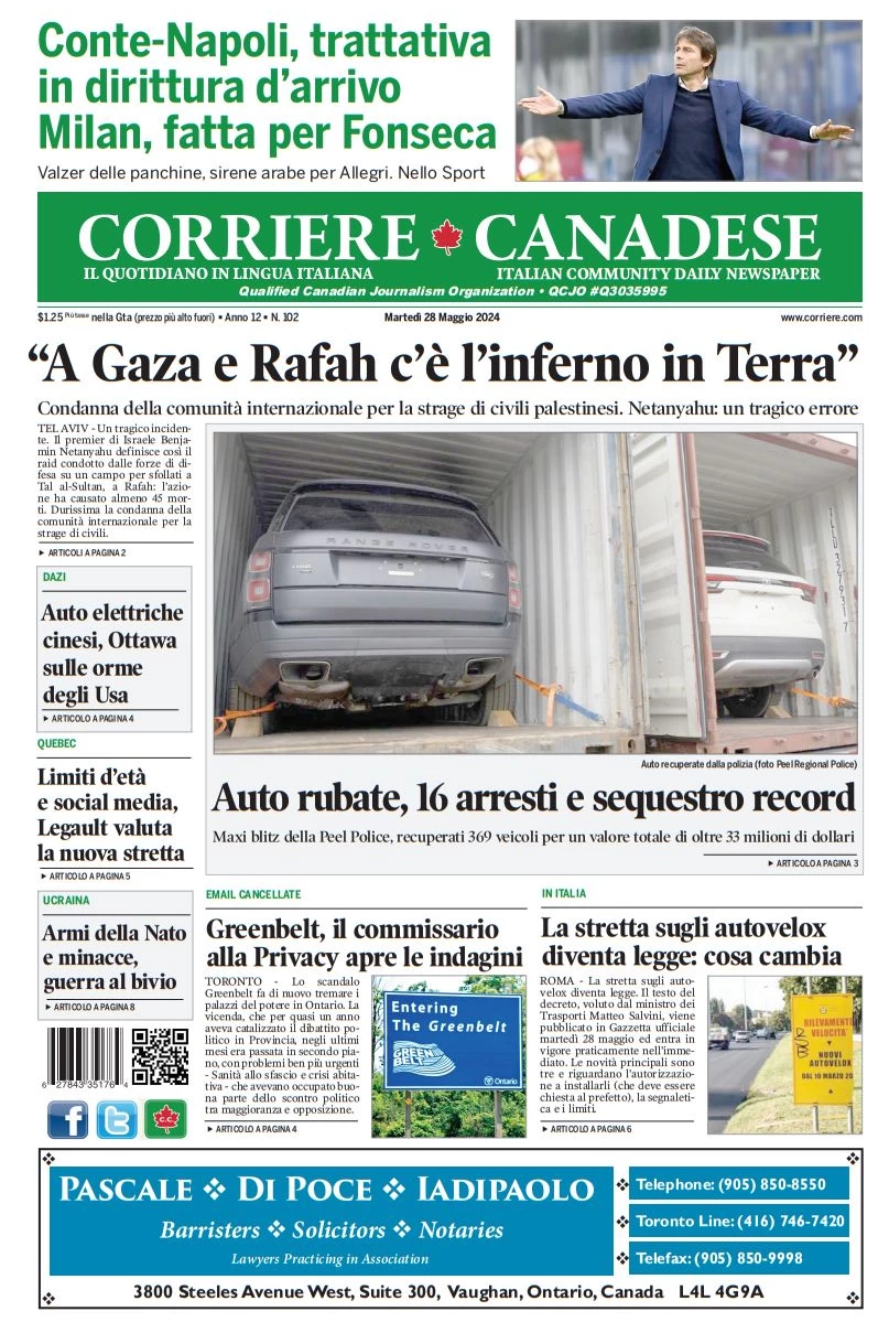 anteprima della prima pagina di corriere-canadese del 28/05/2024
