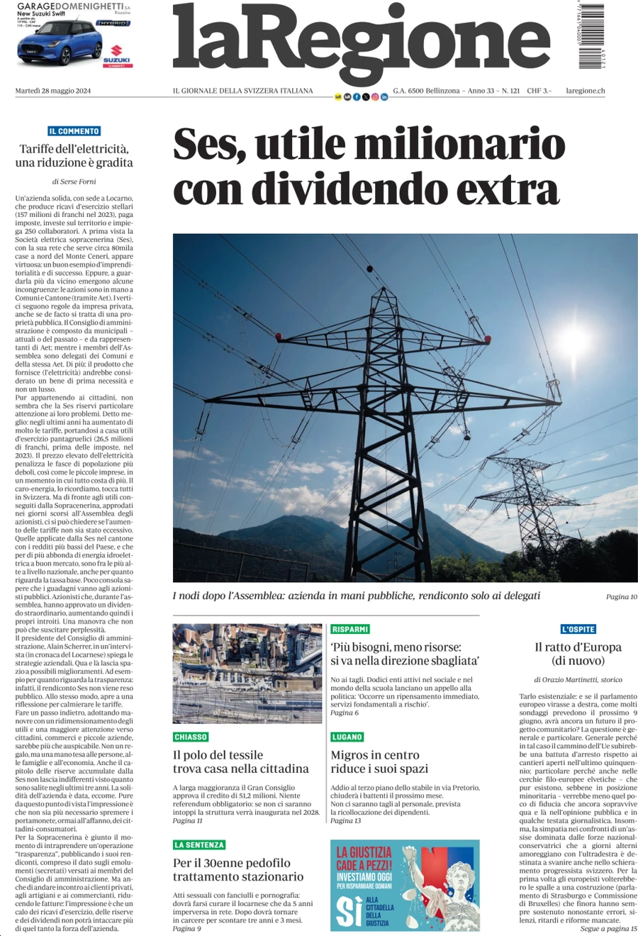 anteprima della prima pagina di la-regione del 28/05/2024