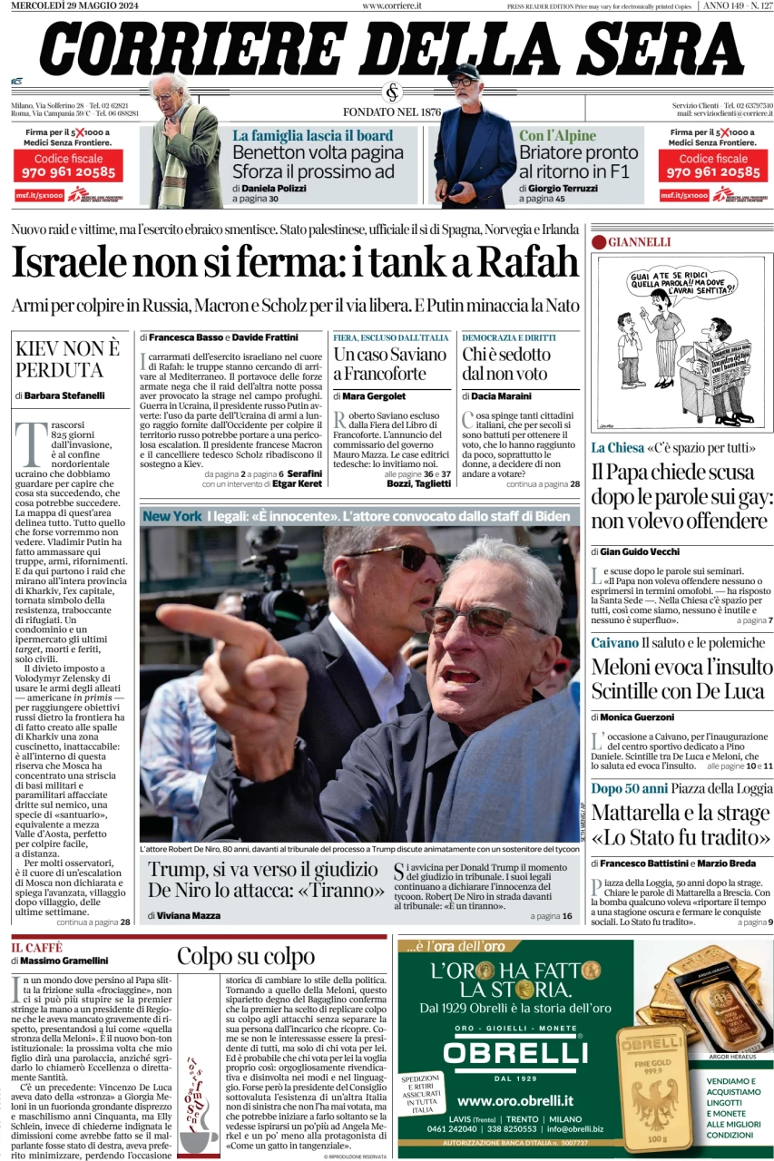 anteprima della prima pagina di corriere-della-sera del 29/05/2024