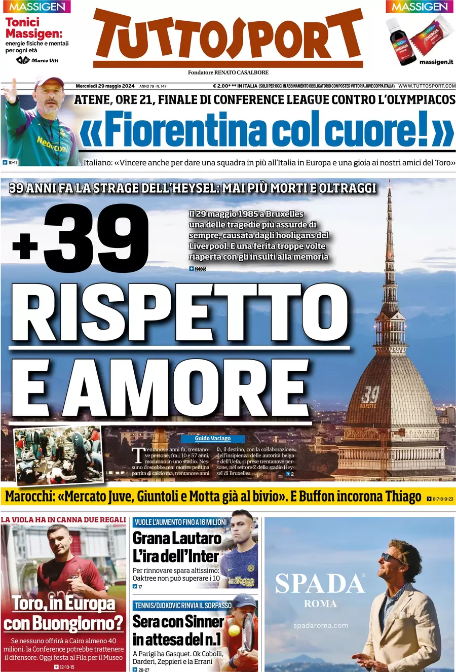 anteprima della prima pagina di tuttosport del 29/05/2024