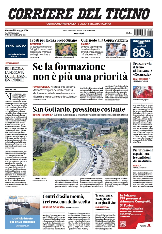 anteprima della prima pagina di corriere-del-ticino del 29/05/2024