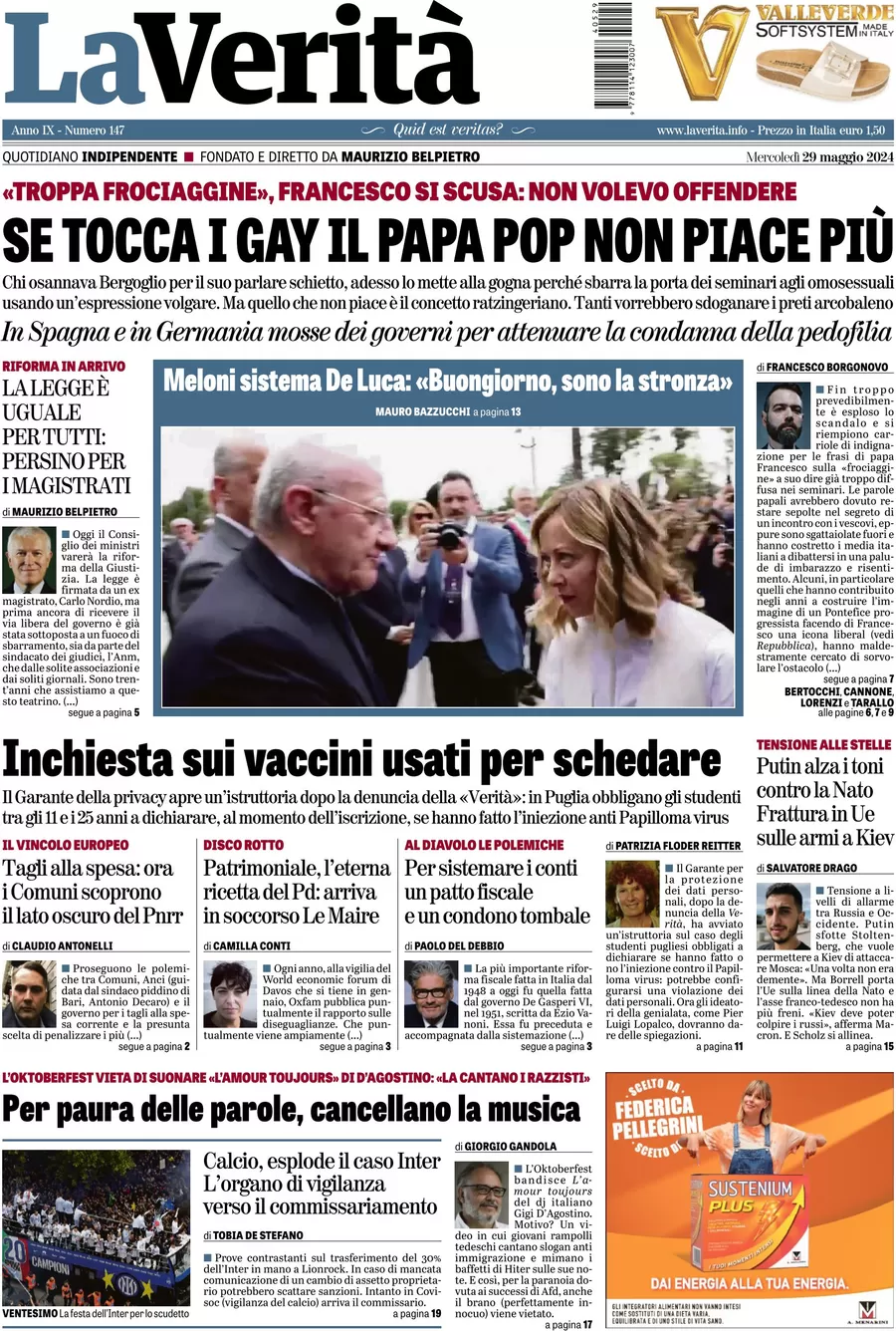 anteprima della prima pagina di la-verit del 29/05/2024