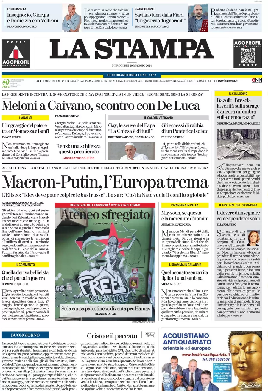 anteprima della prima pagina di la-stampa del 29/05/2024