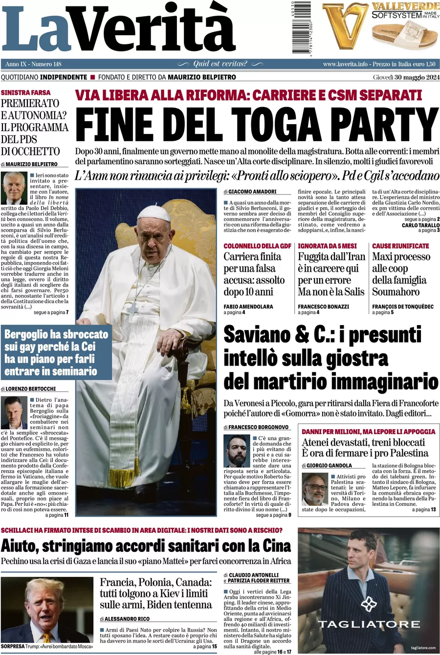 anteprima della prima pagina di la-verit del 30/05/2024