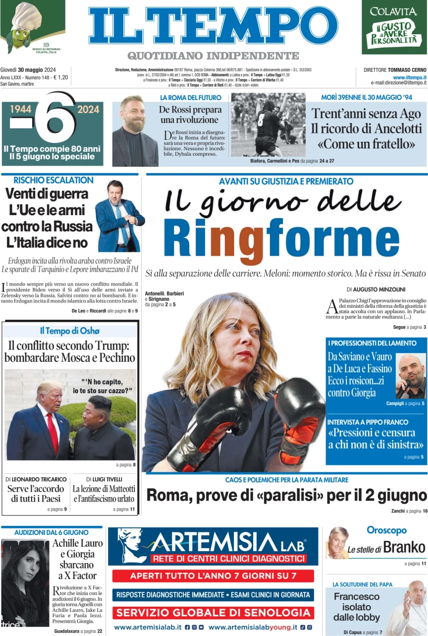 anteprima della prima pagina di il-tempo del 30/05/2024