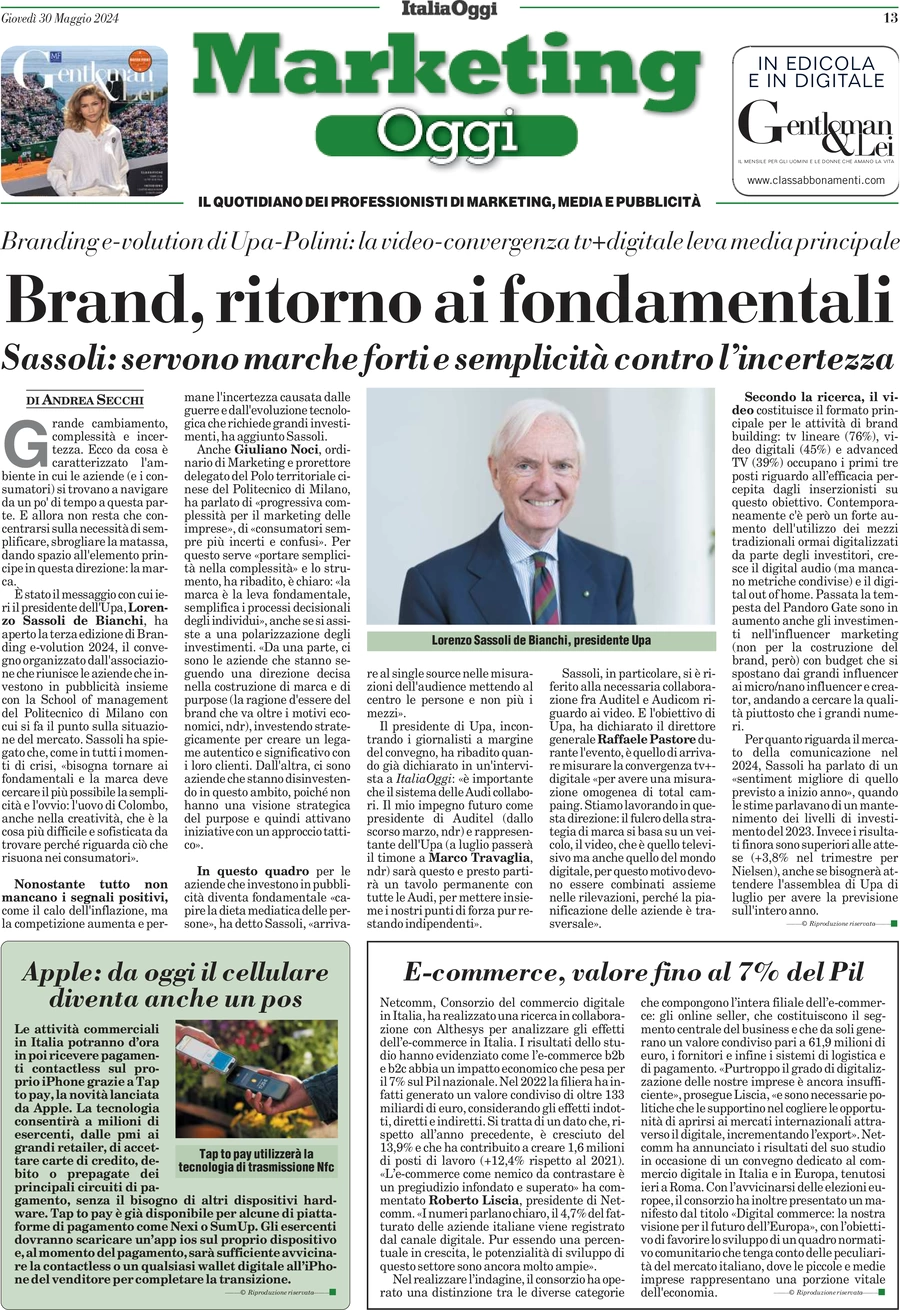 anteprima della prima pagina di marketing-oggi del 30/05/2024