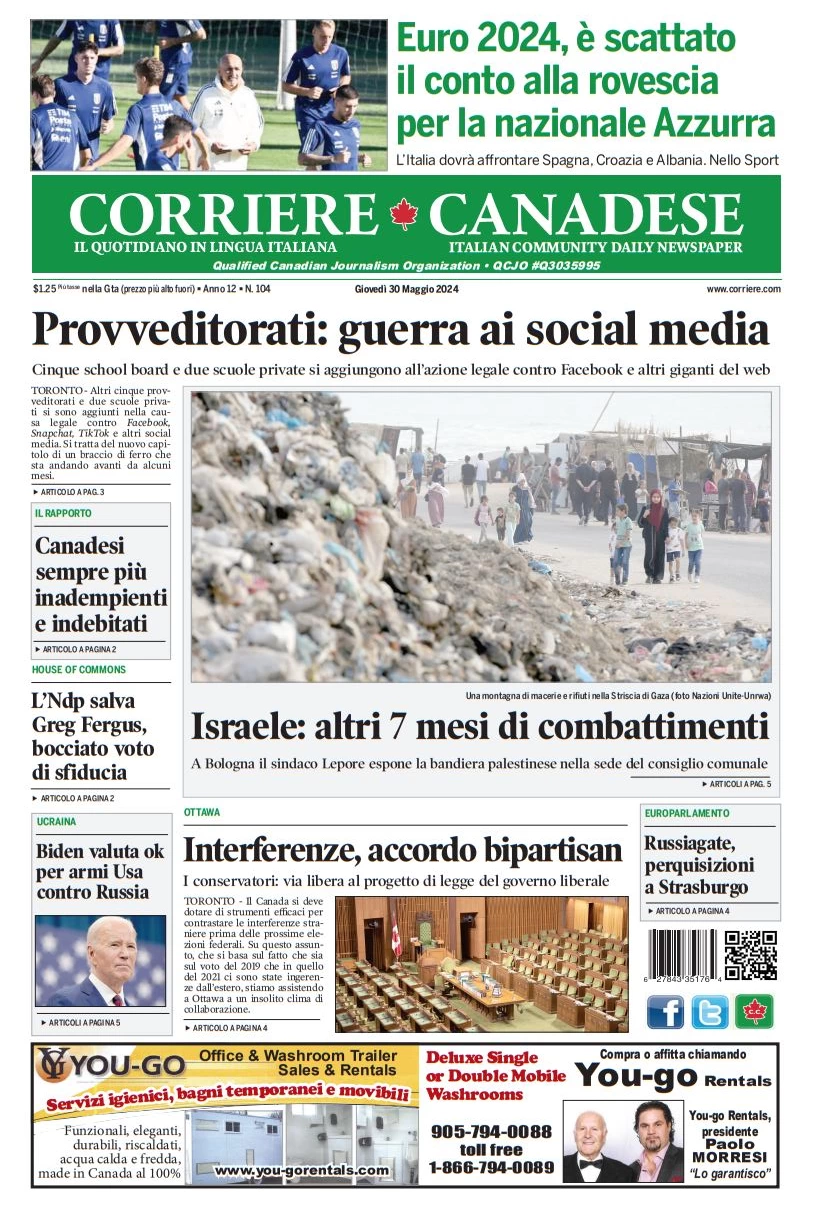 anteprima della prima pagina di corriere-canadese del 30/05/2024