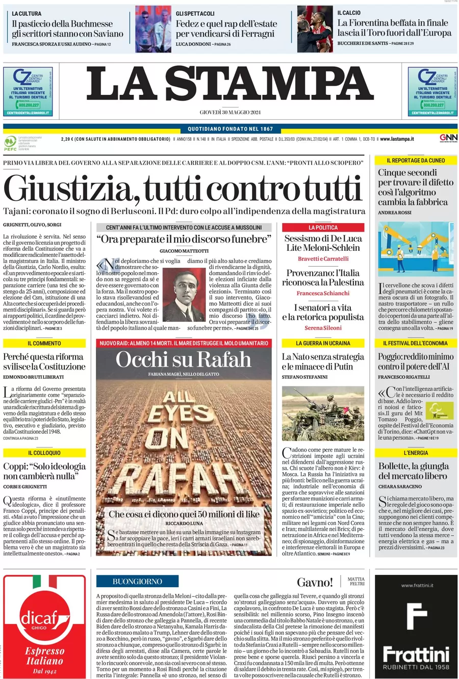 anteprima della prima pagina di la-stampa del 30/05/2024