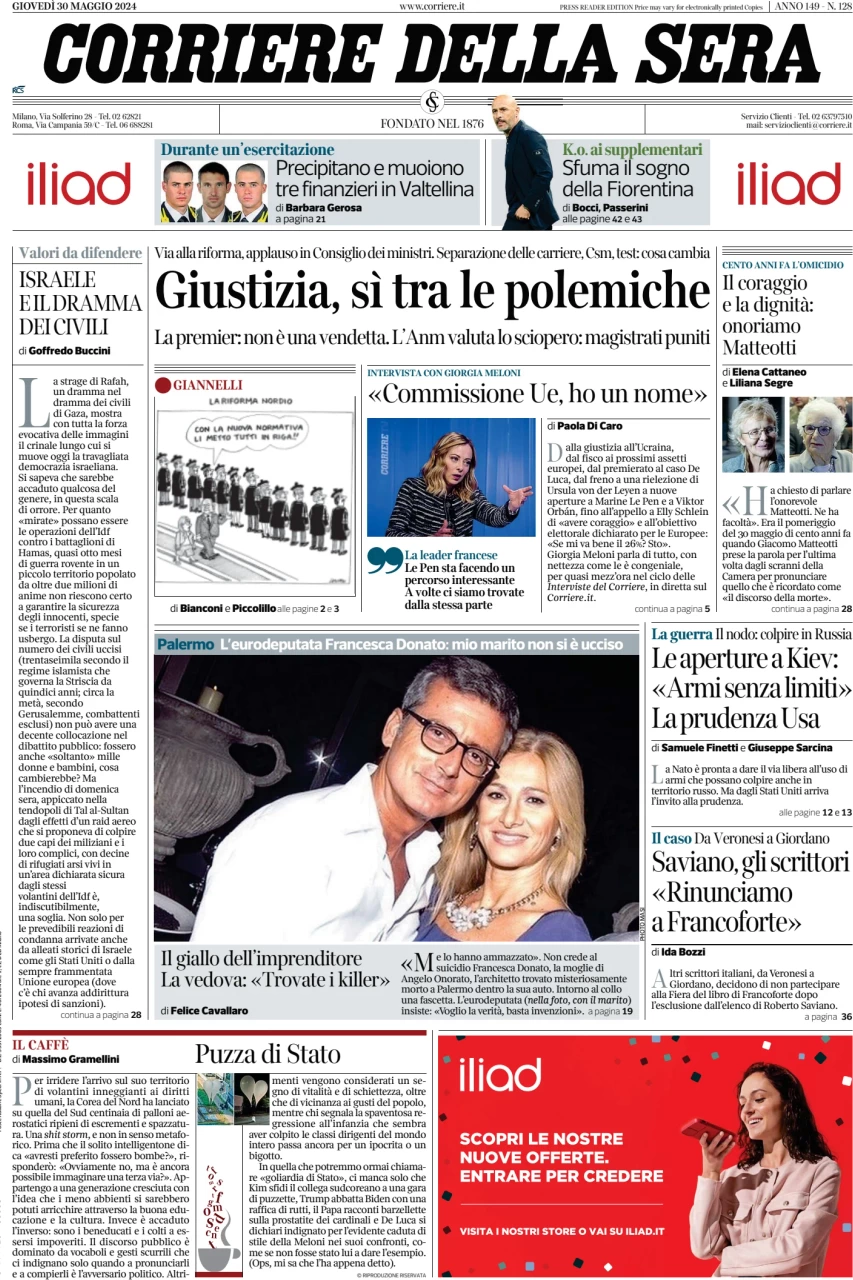anteprima della prima pagina di corriere-della-sera del 30/05/2024
