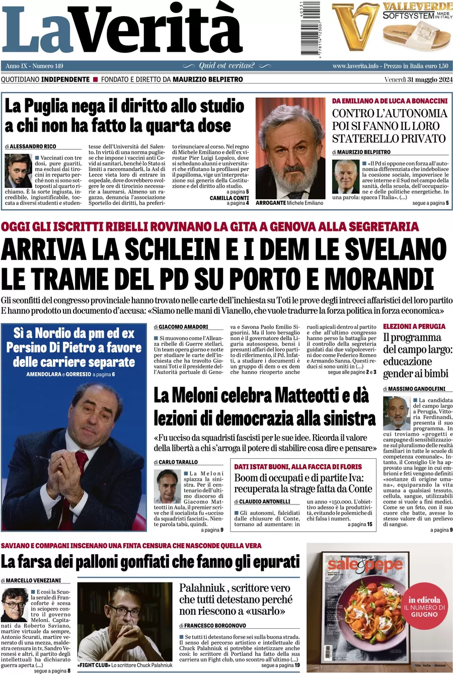 anteprima della prima pagina di la-verit del 31/05/2024