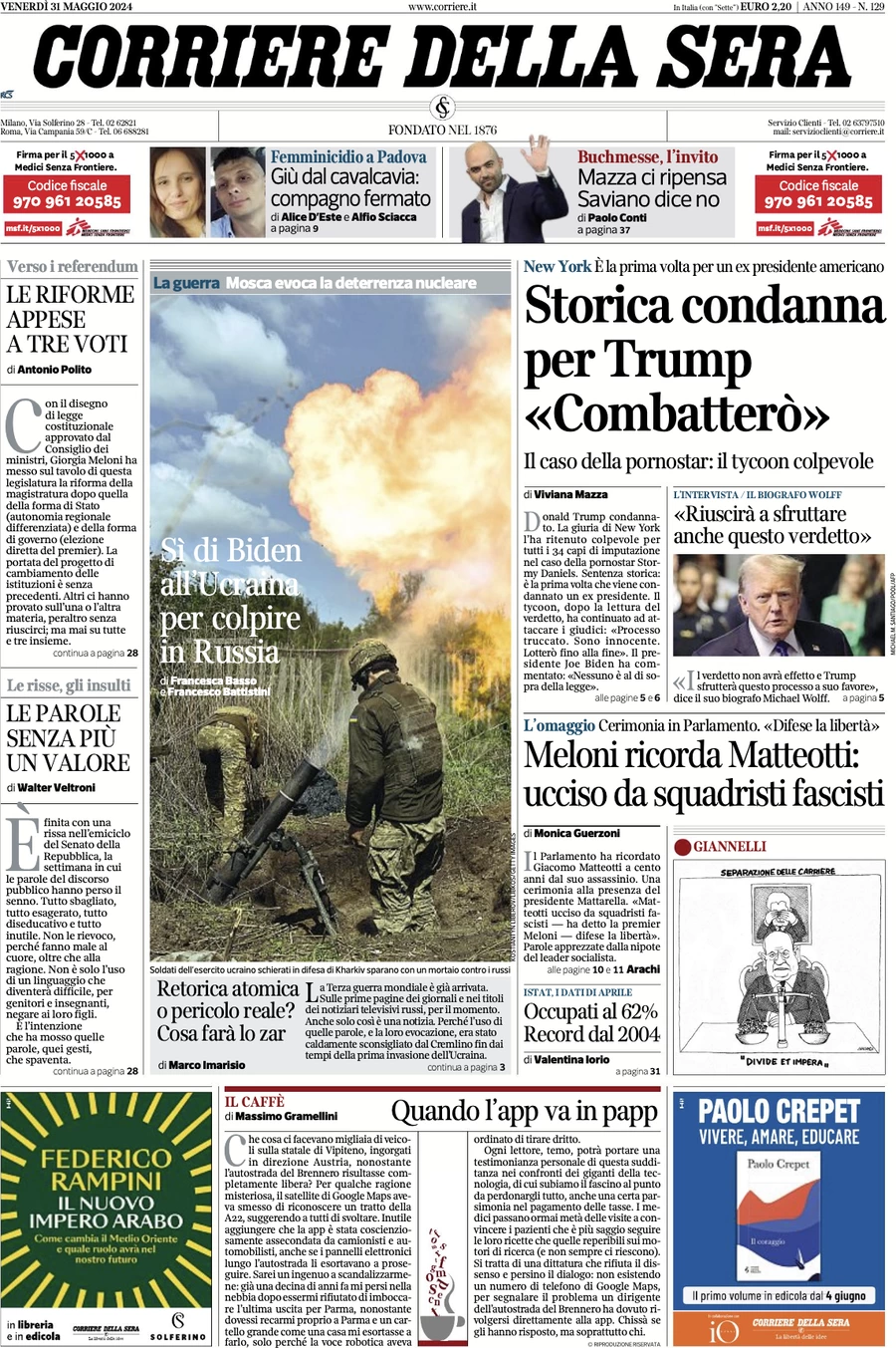 anteprima della prima pagina di corriere-della-sera del 31/05/2024
