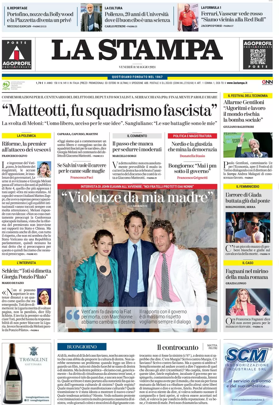 anteprima della prima pagina di la-stampa del 31/05/2024