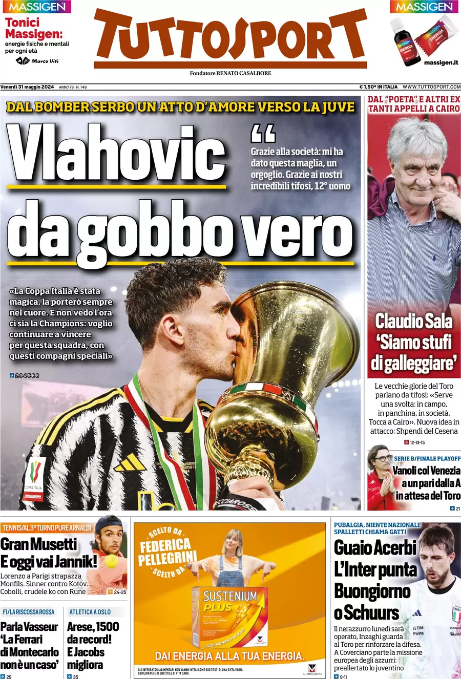 anteprima della prima pagina di tuttosport del 31/05/2024