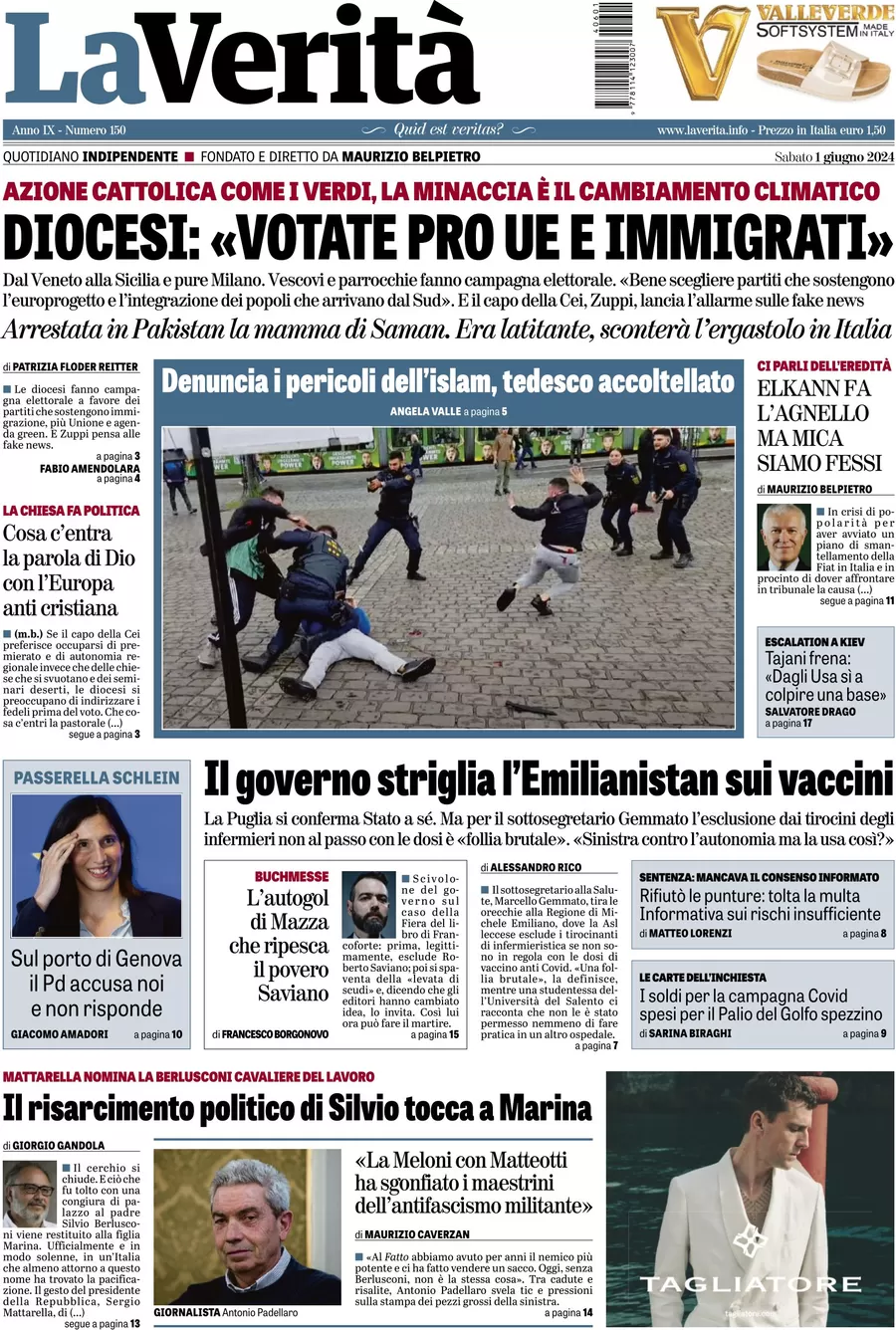 anteprima della prima pagina di la-verit del 01/06/2024