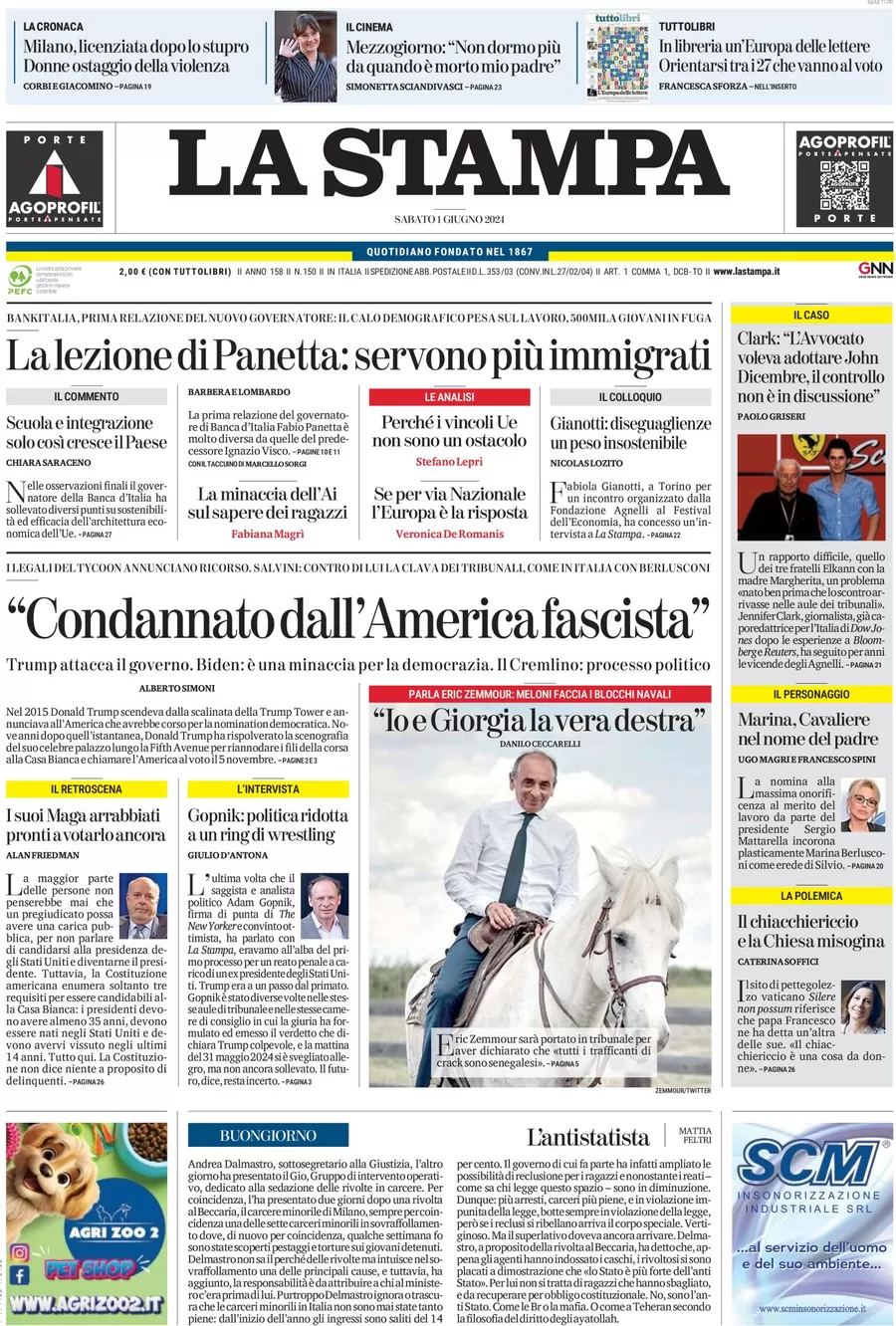 anteprima della prima pagina di la-stampa del 01/06/2024