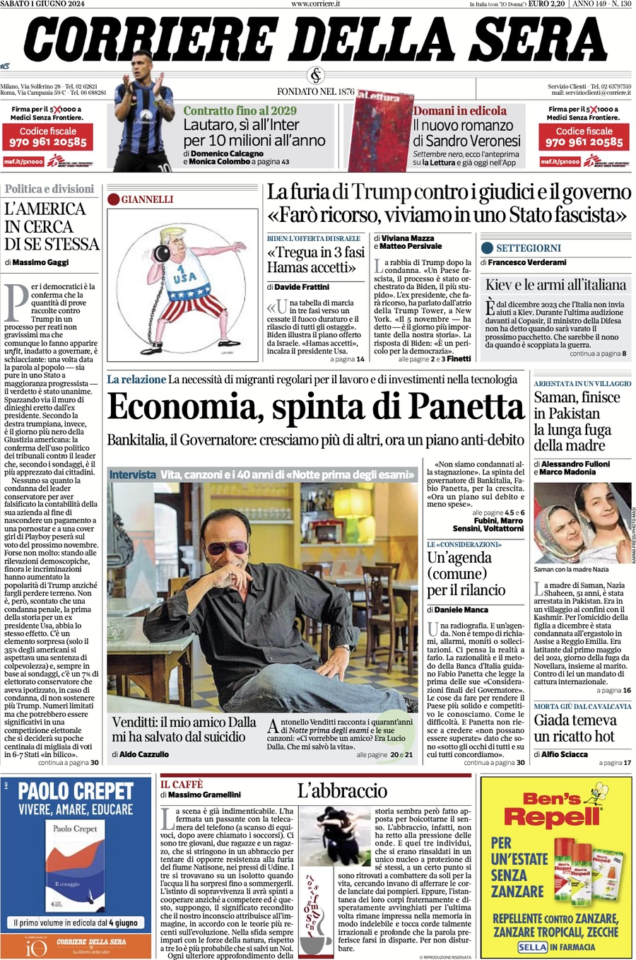 anteprima della prima pagina di corriere-della-sera del 01/06/2024