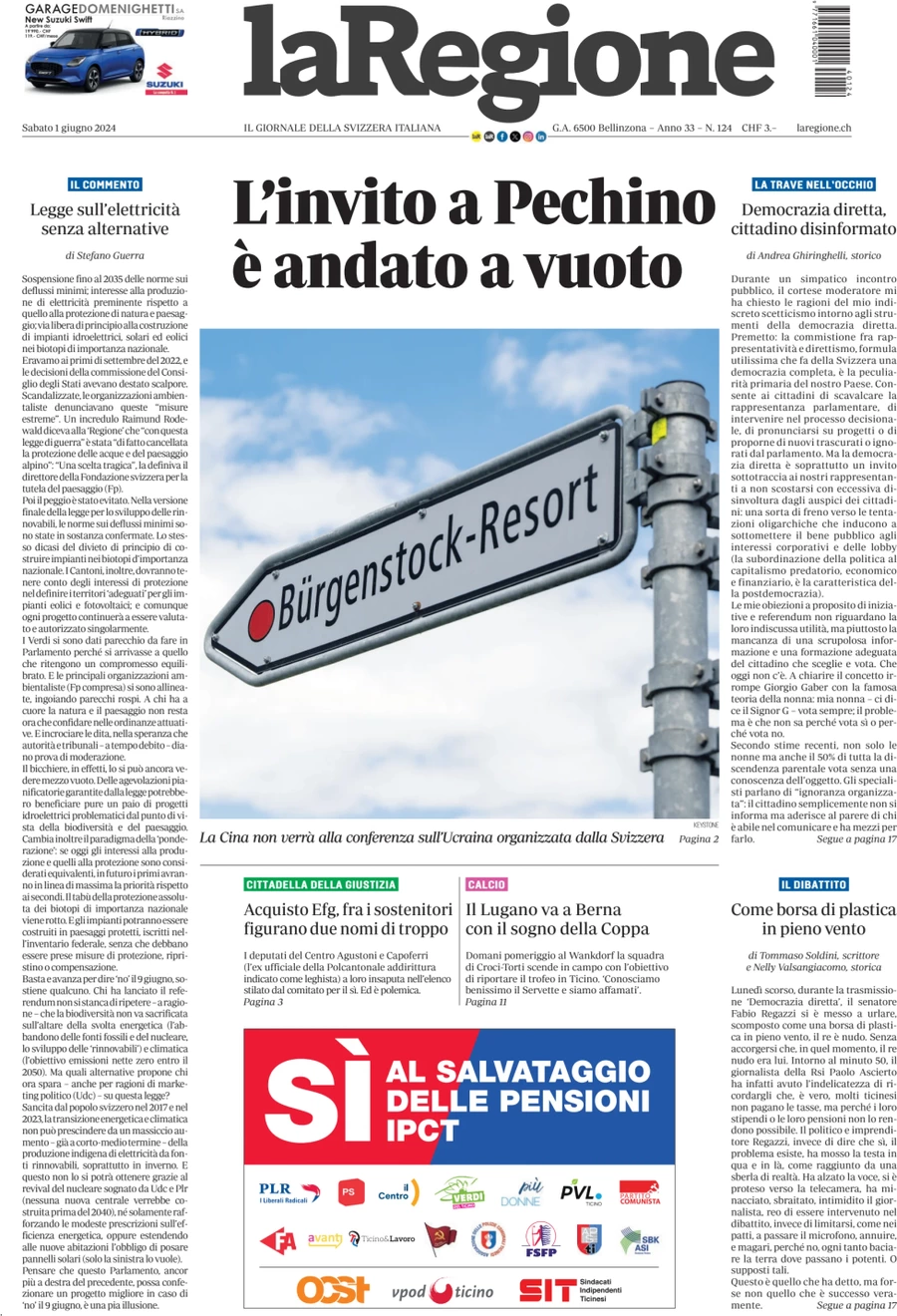 anteprima della prima pagina di la-regione del 01/06/2024