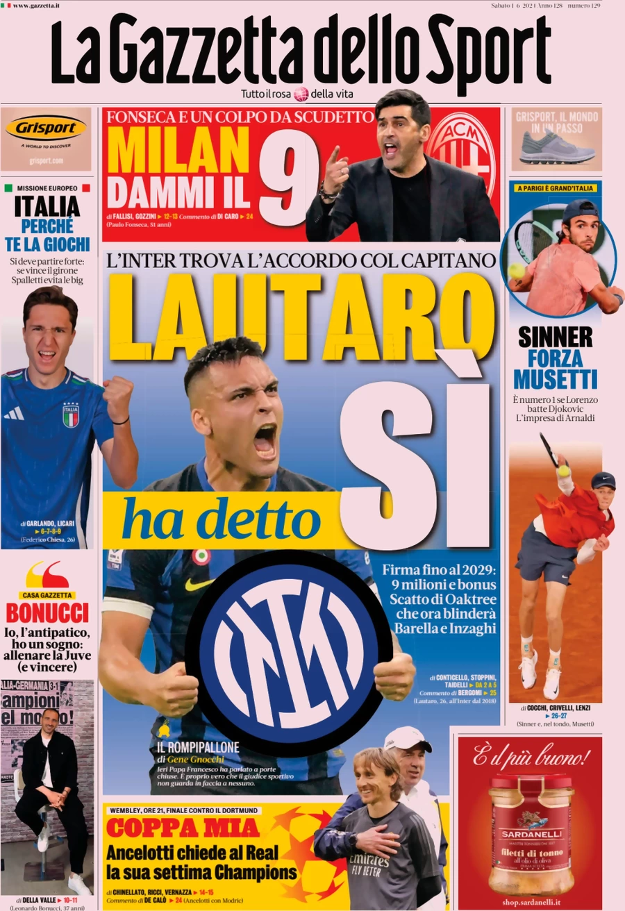 anteprima della prima pagina di la-gazzetta-dello-sport del 01/06/2024