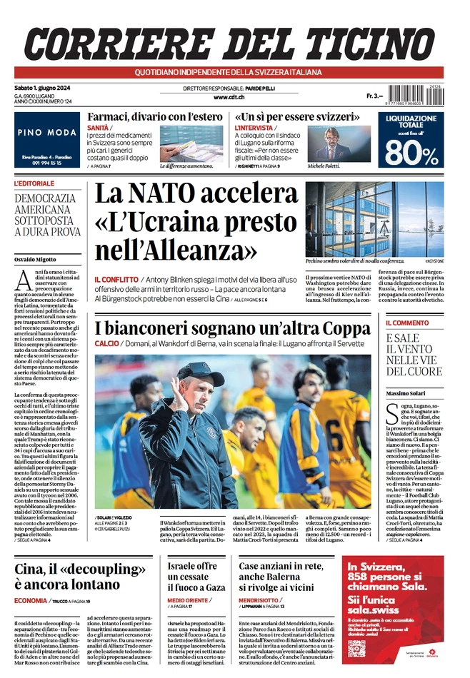 anteprima della prima pagina di corriere-del-ticino del 01/06/2024