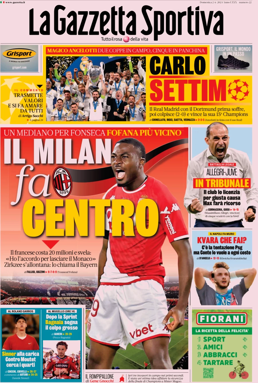 anteprima della prima pagina di la-gazzetta-dello-sport del 02/06/2024
