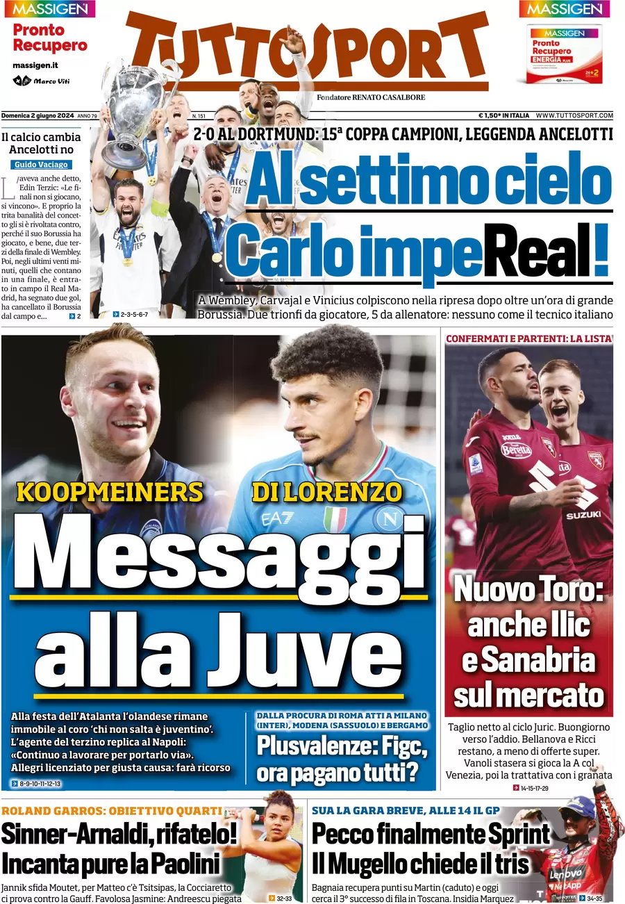 anteprima della prima pagina di tuttosport del 02/06/2024
