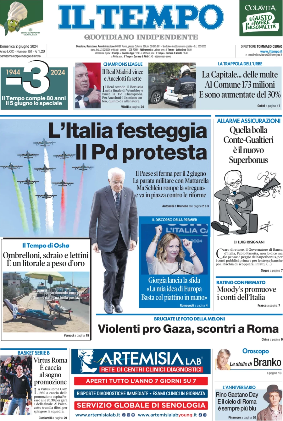 anteprima della prima pagina di il-tempo del 02/06/2024