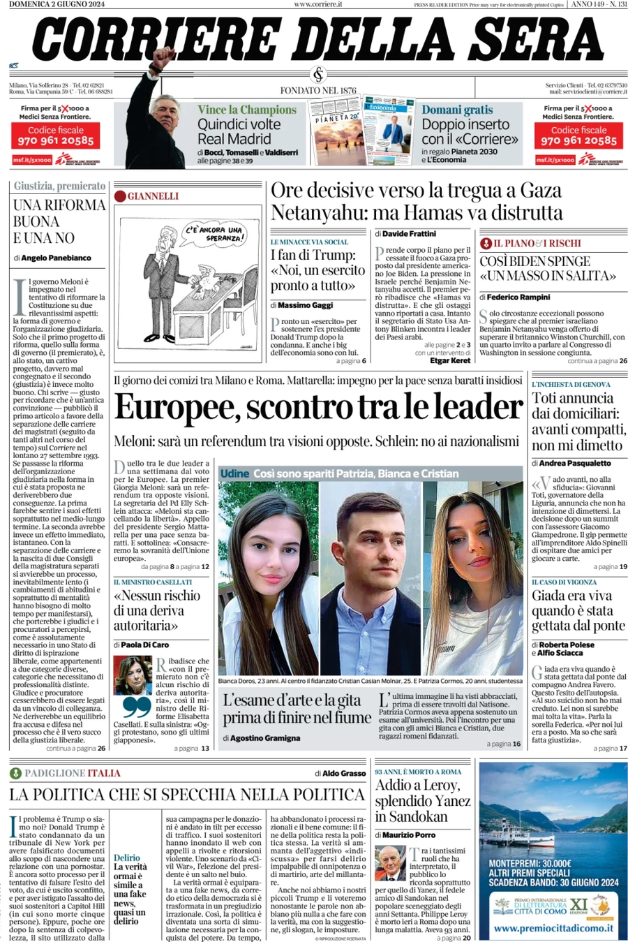 anteprima della prima pagina di corriere-della-sera del 02/06/2024